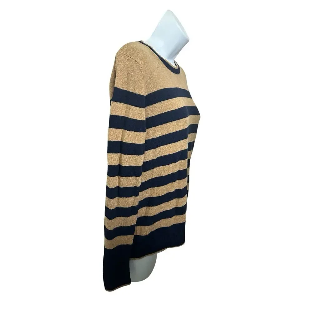 A New Day Crewneck Sweater Sz M Brown Navy Striped Pullover Top Cotton Blend